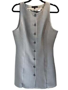 FORE Blue and White Plaid Sleeveless Button Front Mini Dress